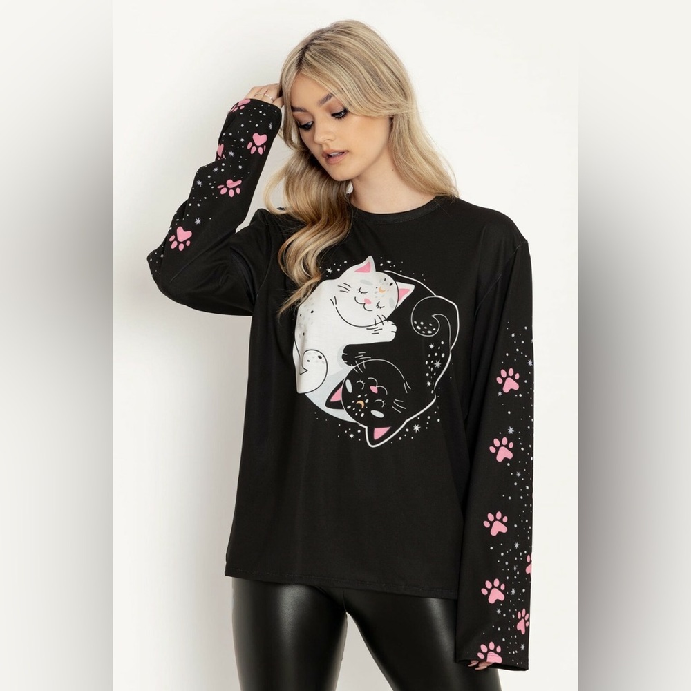Blackmilk Yin Cat Yang Cat Long Sleeve Oversized BFT Tee Small